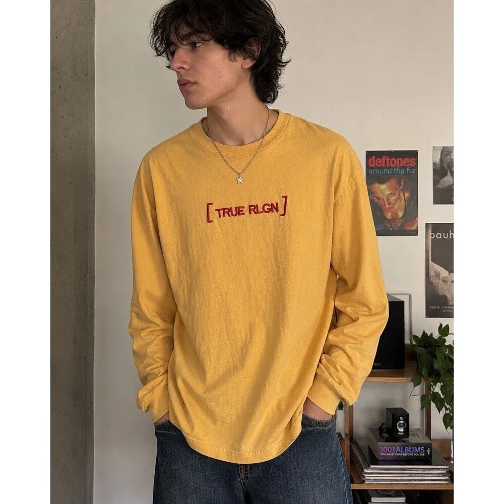 True Religion XL Long Sleeve T Shirt Yellow Embroidered Logo USA Made Cotton Y2K